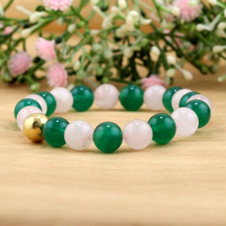 Rose quartz & Green onyx beaded bracelet, With Metal bead, Adjustable bracelet